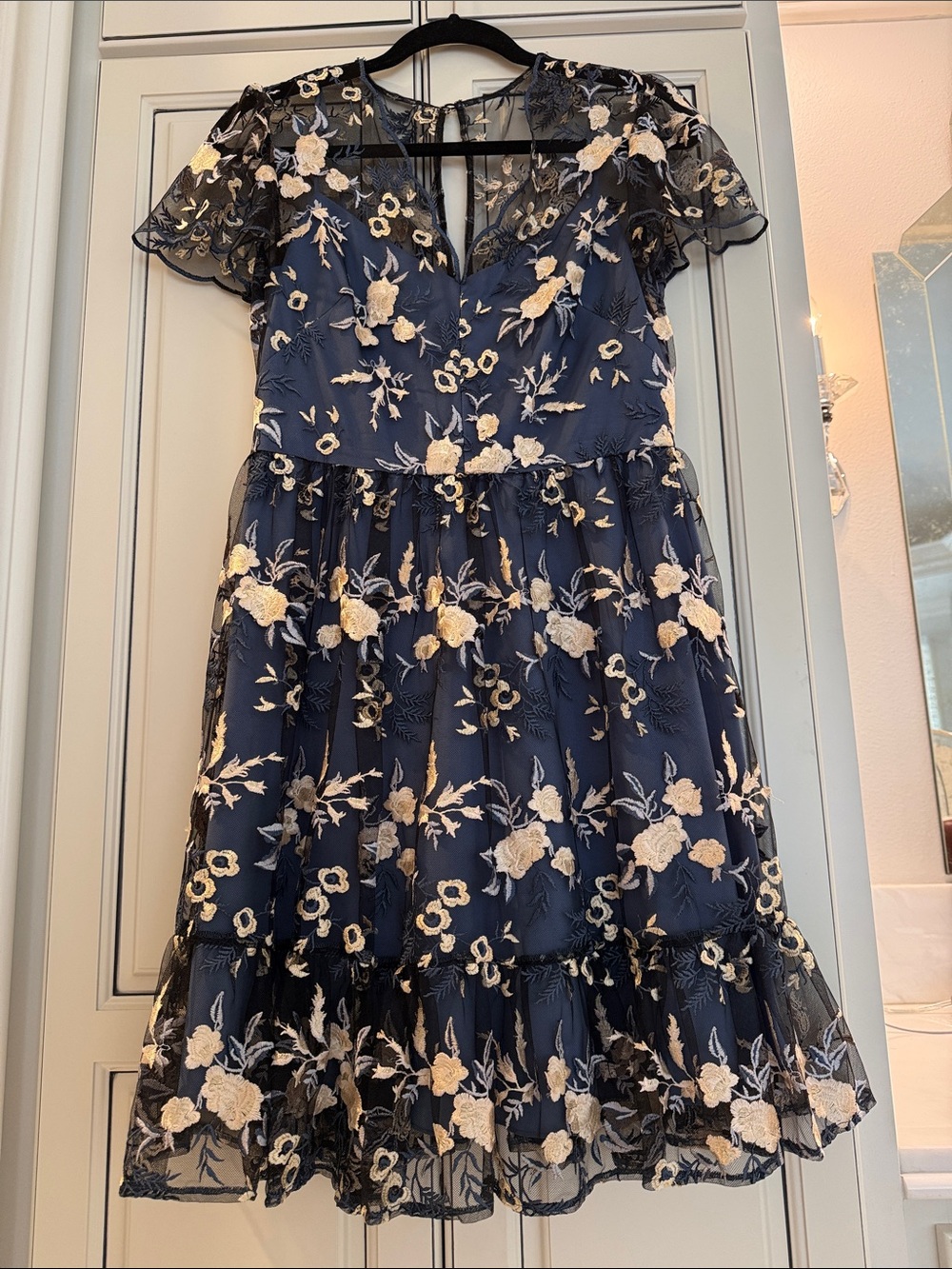 Gal Meets Glam Navy Dress with Cream Floral Embroidery - - Picture 4 of 6